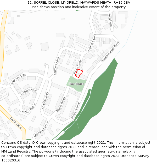 11, SORREL CLOSE, LINDFIELD, HAYWARDS HEATH, RH16 2EA: Location map and indicative extent of plot