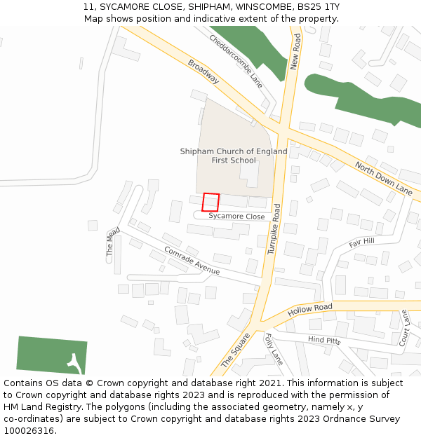 11, SYCAMORE CLOSE, SHIPHAM, WINSCOMBE, BS25 1TY: Location map and indicative extent of plot