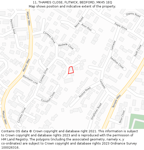 11, THAMES CLOSE, FLITWICK, BEDFORD, MK45 1EQ: Location map and indicative extent of plot