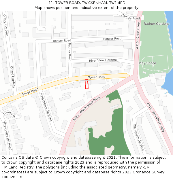 11, TOWER ROAD, TWICKENHAM, TW1 4PD: Location map and indicative extent of plot