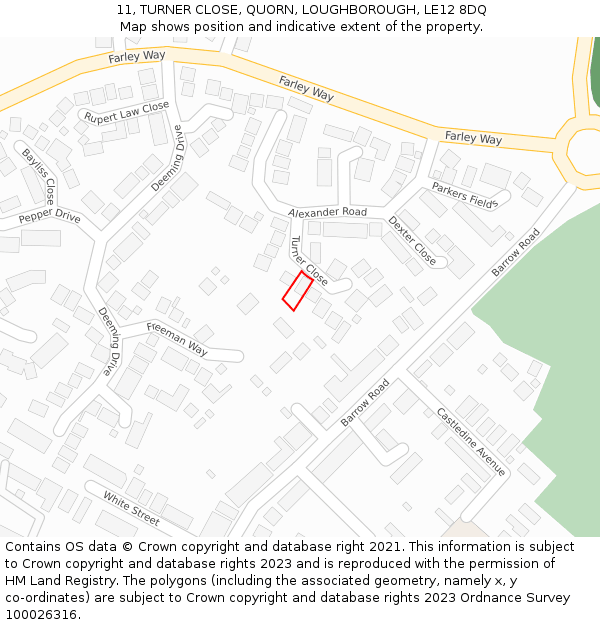 11, TURNER CLOSE, QUORN, LOUGHBOROUGH, LE12 8DQ: Location map and indicative extent of plot