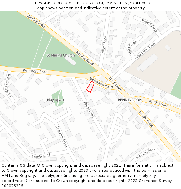 11, WAINSFORD ROAD, PENNINGTON, LYMINGTON, SO41 8GD: Location map and indicative extent of plot