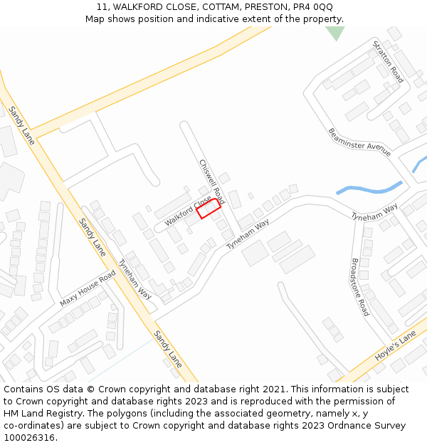 11, WALKFORD CLOSE, COTTAM, PRESTON, PR4 0QQ: Location map and indicative extent of plot