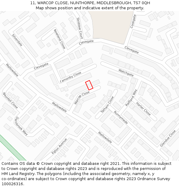 11, WARCOP CLOSE, NUNTHORPE, MIDDLESBROUGH, TS7 0QH: Location map and indicative extent of plot