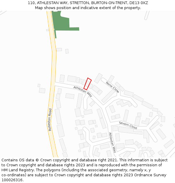 110, ATHLESTAN WAY, STRETTON, BURTON-ON-TRENT, DE13 0XZ: Location map and indicative extent of plot