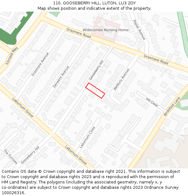 110, GOOSEBERRY HILL, LUTON, LU3 2DY: Location map and indicative extent of plot