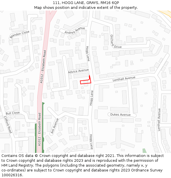 111, HOGG LANE, GRAYS, RM16 6QP: Location map and indicative extent of plot