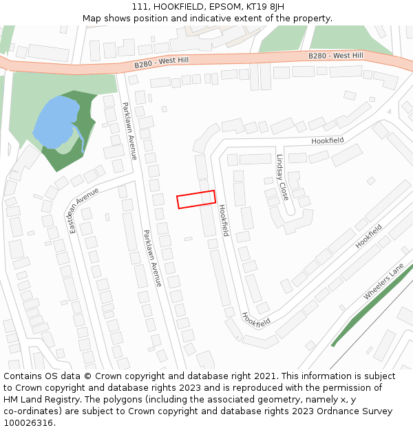 111, HOOKFIELD, EPSOM, KT19 8JH: Location map and indicative extent of plot