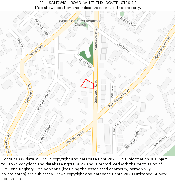 111, SANDWICH ROAD, WHITFIELD, DOVER, CT16 3JP: Location map and indicative extent of plot