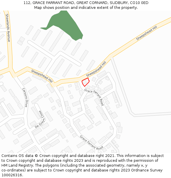 112, GRACE FARRANT ROAD, GREAT CORNARD, SUDBURY, CO10 0ED: Location map and indicative extent of plot