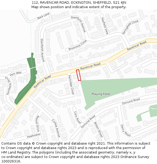 112, RAVENCAR ROAD, ECKINGTON, SHEFFIELD, S21 4JN: Location map and indicative extent of plot