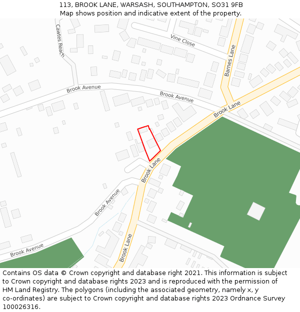 113, BROOK LANE, WARSASH, SOUTHAMPTON, SO31 9FB: Location map and indicative extent of plot