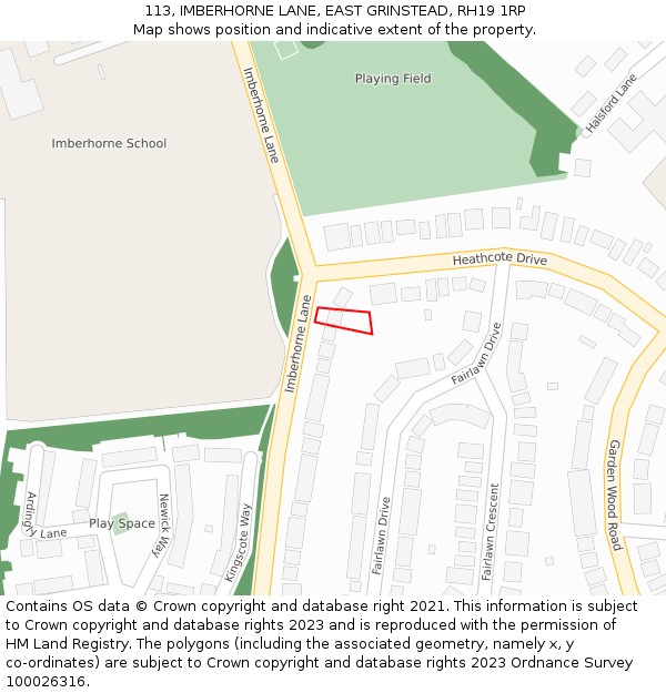 113, IMBERHORNE LANE, EAST GRINSTEAD, RH19 1RP: Location map and indicative extent of plot