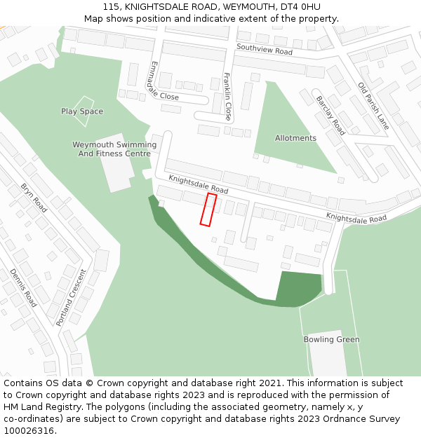 115, KNIGHTSDALE ROAD, WEYMOUTH, DT4 0HU: Location map and indicative extent of plot