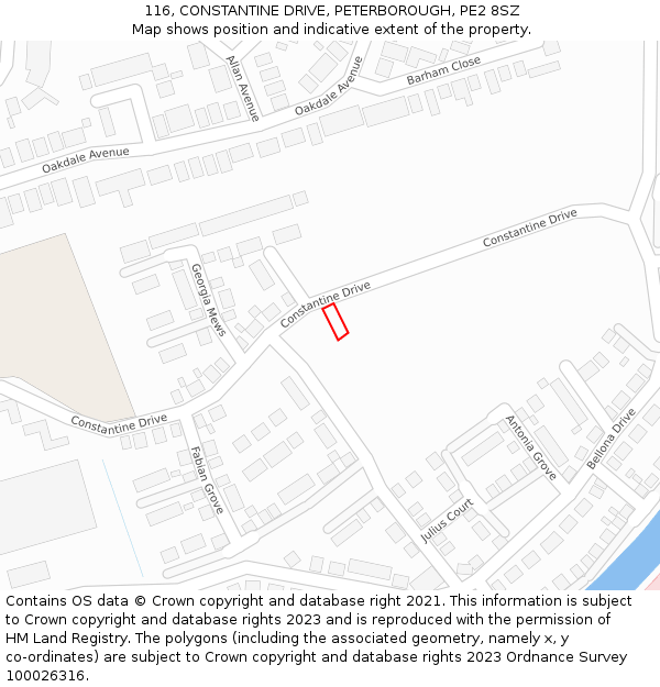 116, CONSTANTINE DRIVE, PETERBOROUGH, PE2 8SZ: Location map and indicative extent of plot