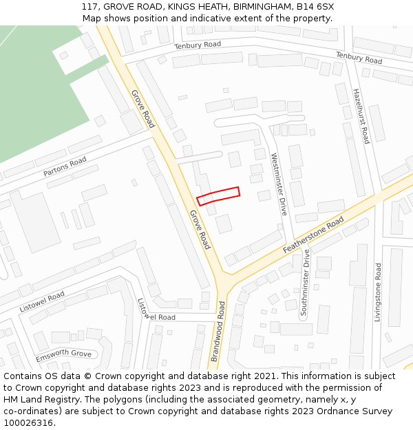 117, GROVE ROAD, KINGS HEATH, BIRMINGHAM, B14 6SX: Location map and indicative extent of plot