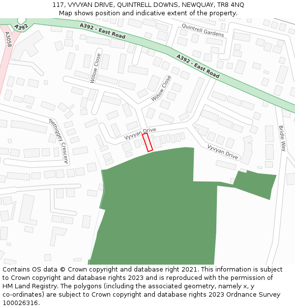 117, VYVYAN DRIVE, QUINTRELL DOWNS, NEWQUAY, TR8 4NQ: Location map and indicative extent of plot