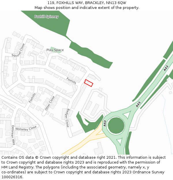 119, FOXHILLS WAY, BRACKLEY, NN13 6QW: Location map and indicative extent of plot