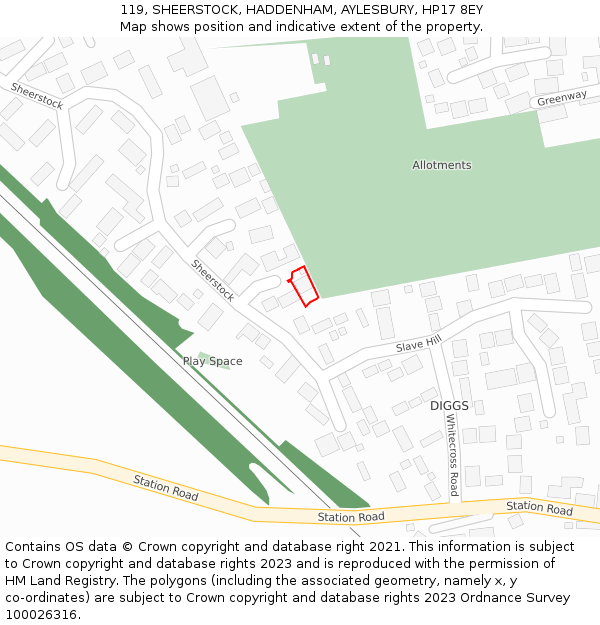 119, SHEERSTOCK, HADDENHAM, AYLESBURY, HP17 8EY: Location map and indicative extent of plot