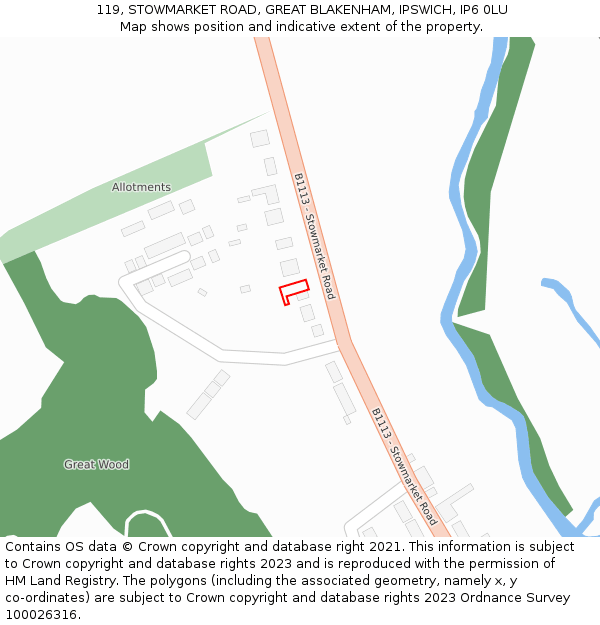 119, STOWMARKET ROAD, GREAT BLAKENHAM, IPSWICH, IP6 0LU: Location map and indicative extent of plot