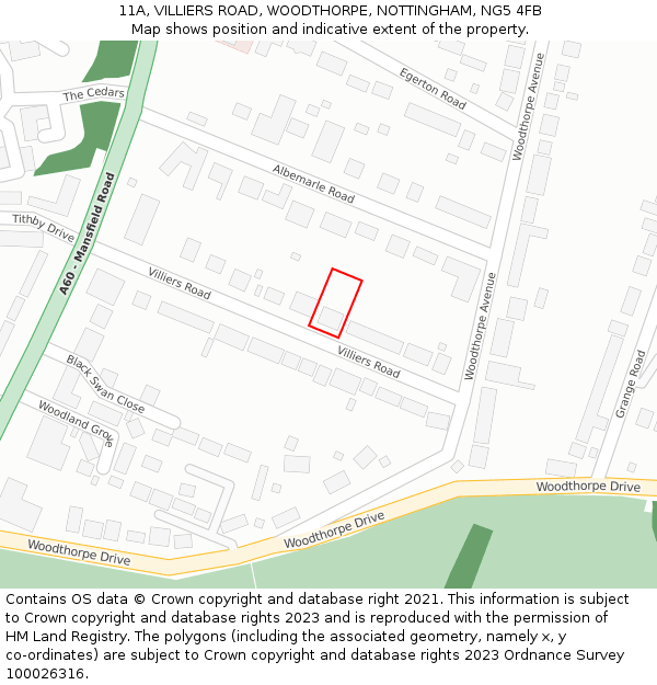 11A, VILLIERS ROAD, WOODTHORPE, NOTTINGHAM, NG5 4FB: Location map and indicative extent of plot