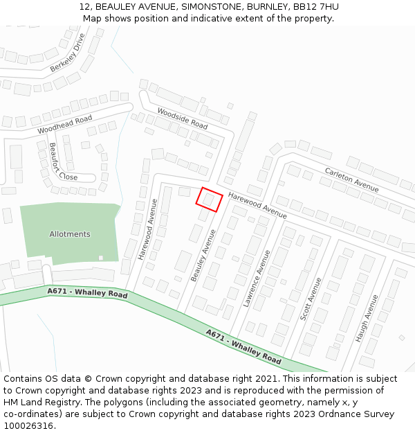 12, BEAULEY AVENUE, SIMONSTONE, BURNLEY, BB12 7HU: Location map and indicative extent of plot