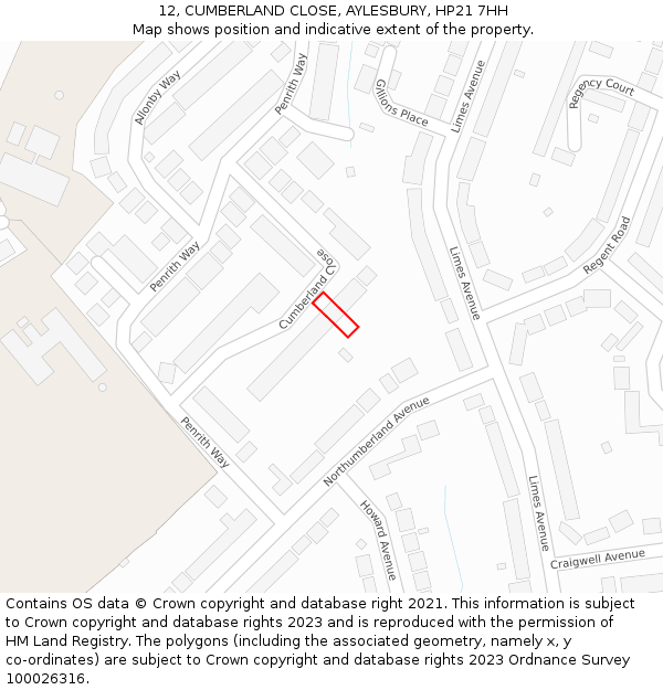 12, CUMBERLAND CLOSE, AYLESBURY, HP21 7HH: Location map and indicative extent of plot