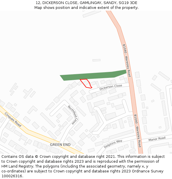 12, DICKERSON CLOSE, GAMLINGAY, SANDY, SG19 3DE: Location map and indicative extent of plot