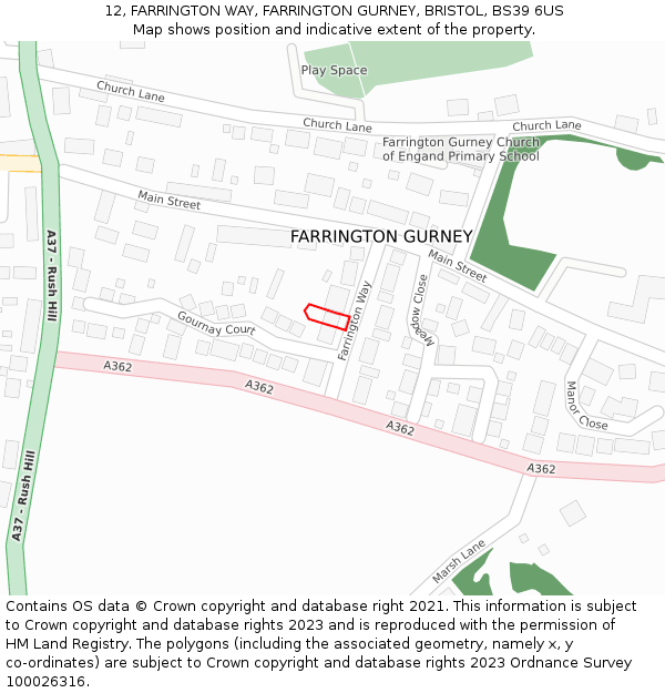 12, FARRINGTON WAY, FARRINGTON GURNEY, BRISTOL, BS39 6US: Location map and indicative extent of plot