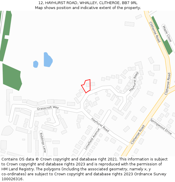 12, HAYHURST ROAD, WHALLEY, CLITHEROE, BB7 9RL: Location map and indicative extent of plot