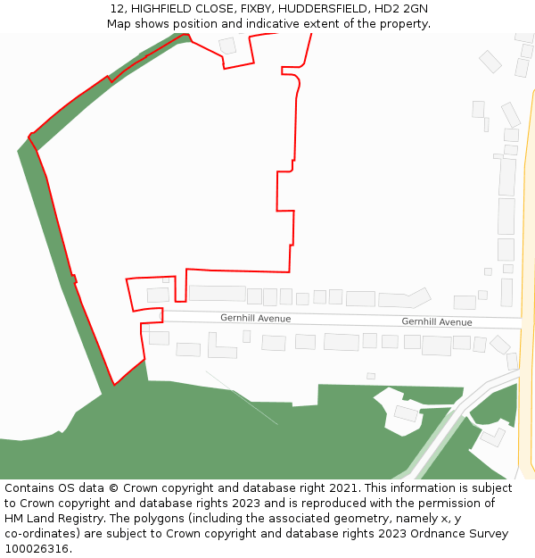 12, HIGHFIELD CLOSE, FIXBY, HUDDERSFIELD, HD2 2GN: Location map and indicative extent of plot