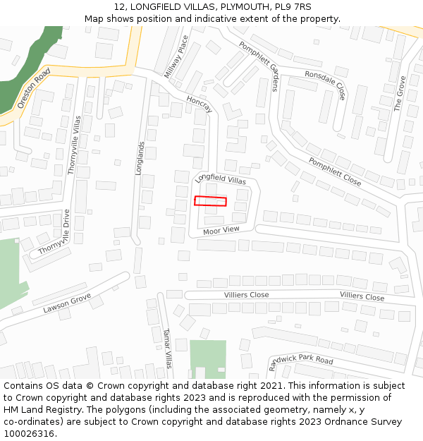 12, LONGFIELD VILLAS, PLYMOUTH, PL9 7RS: Location map and indicative extent of plot