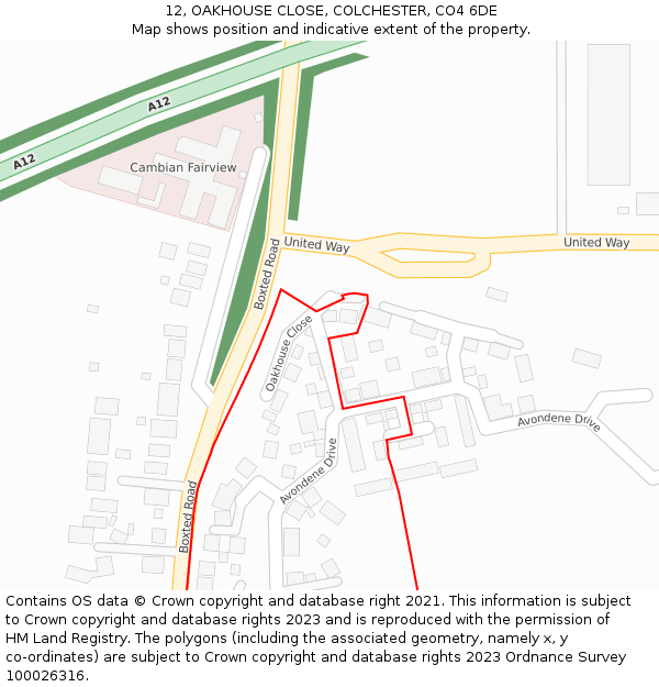 12, OAKHOUSE CLOSE, COLCHESTER, CO4 6DE: Location map and indicative extent of plot