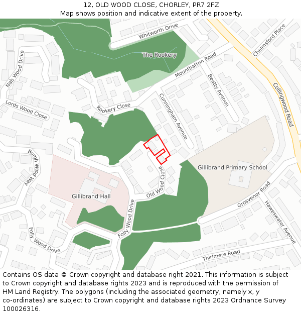 12, OLD WOOD CLOSE, CHORLEY, PR7 2FZ: Location map and indicative extent of plot