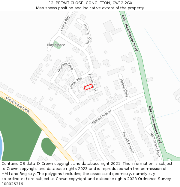 12, PEEWIT CLOSE, CONGLETON, CW12 2GX: Location map and indicative extent of plot