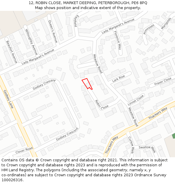 12, ROBIN CLOSE, MARKET DEEPING, PETERBOROUGH, PE6 8PQ: Location map and indicative extent of plot