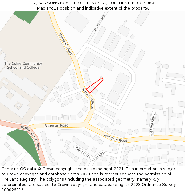 12, SAMSONS ROAD, BRIGHTLINGSEA, COLCHESTER, CO7 0RW: Location map and indicative extent of plot