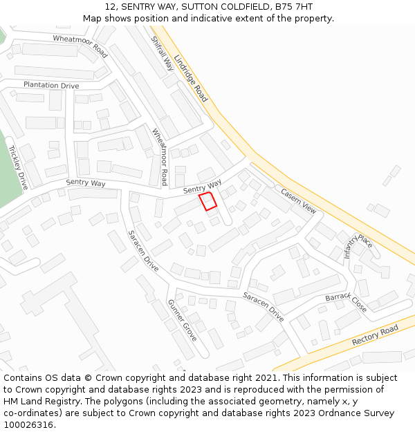 12, SENTRY WAY, SUTTON COLDFIELD, B75 7HT: Location map and indicative extent of plot