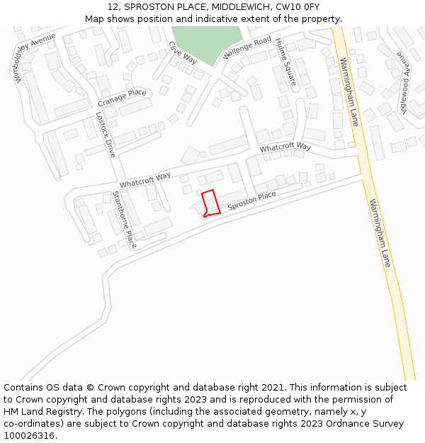 12, SPROSTON PLACE, MIDDLEWICH, CW10 0FY: Location map and indicative extent of plot