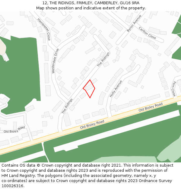 12, THE RIDINGS, FRIMLEY, CAMBERLEY, GU16 9RA: Location map and indicative extent of plot