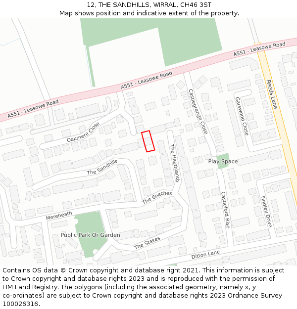 12, THE SANDHILLS, WIRRAL, CH46 3ST: Location map and indicative extent of plot