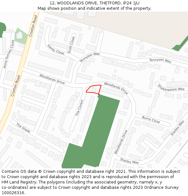 12, WOODLANDS DRIVE, THETFORD, IP24 1JU: Location map and indicative extent of plot