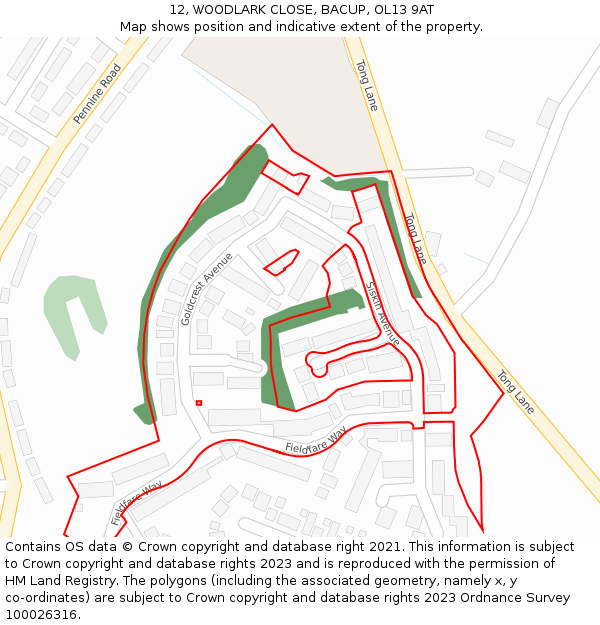 12, WOODLARK CLOSE, BACUP, OL13 9AT: Location map and indicative extent of plot