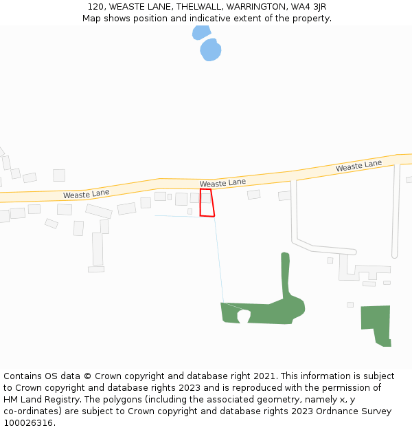 120, WEASTE LANE, THELWALL, WARRINGTON, WA4 3JR: Location map and indicative extent of plot