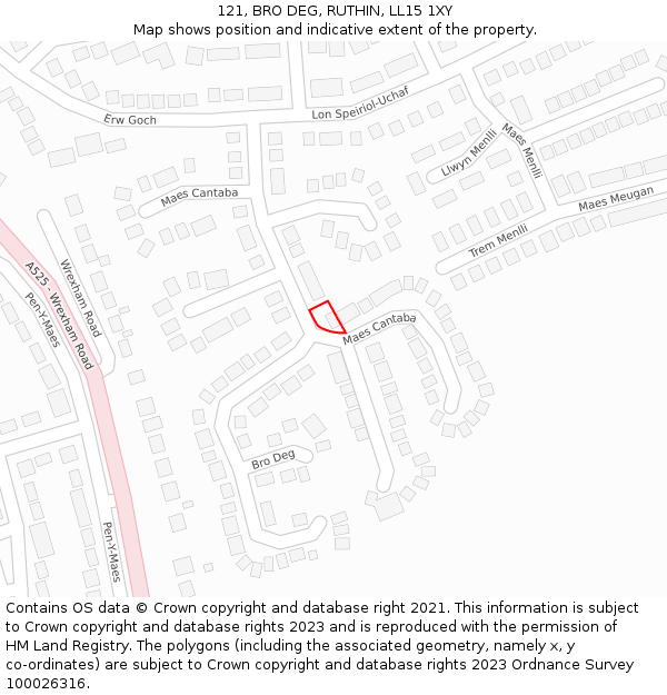 121, BRO DEG, RUTHIN, LL15 1XY: Location map and indicative extent of plot