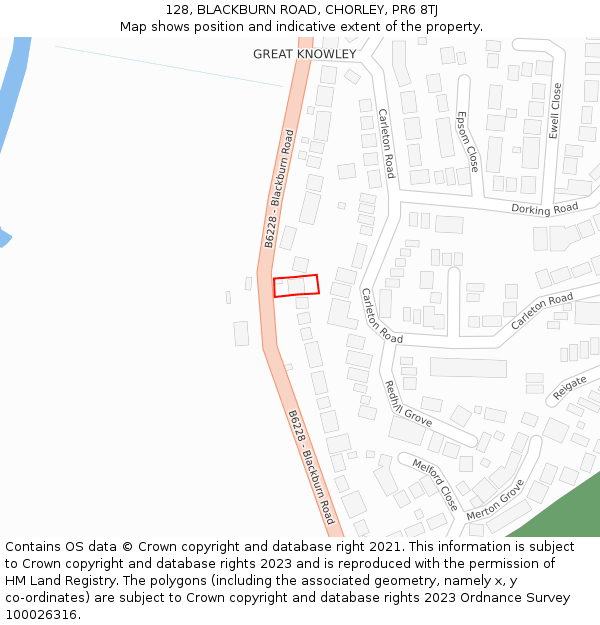 128, BLACKBURN ROAD, CHORLEY, PR6 8TJ: Location map and indicative extent of plot