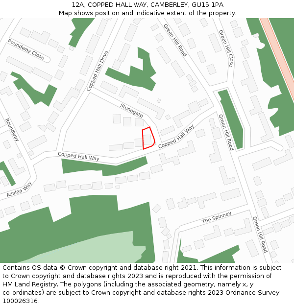 12A, COPPED HALL WAY, CAMBERLEY, GU15 1PA: Location map and indicative extent of plot