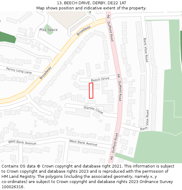 13, BEECH DRIVE, DERBY, DE22 1AT: Location map and indicative extent of plot