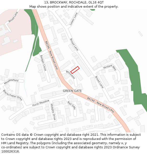 13, BROCKWAY, ROCHDALE, OL16 4QT: Location map and indicative extent of plot