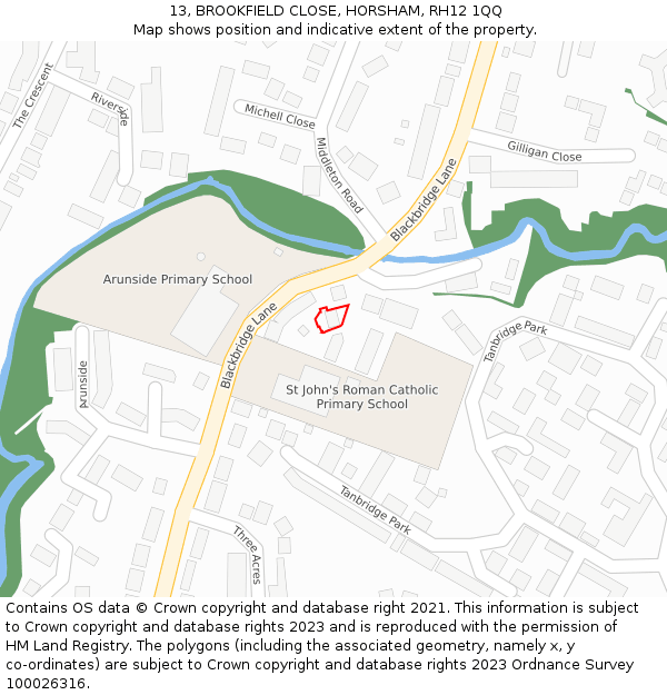 13, BROOKFIELD CLOSE, HORSHAM, RH12 1QQ: Location map and indicative extent of plot